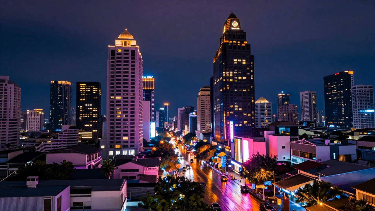 Vibrant neon-lit Bangkok Sukhumvit skyline reflecting on wet streets at night