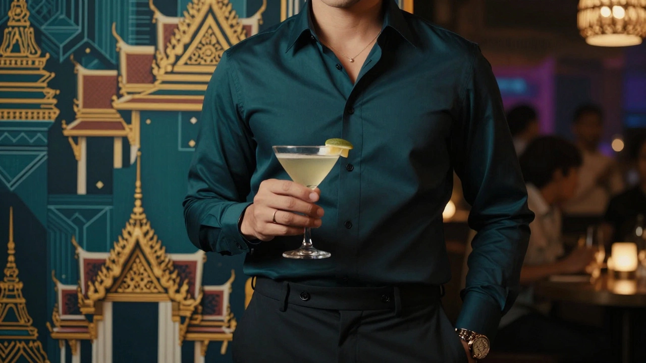 Well-dressed man in smart casual attire holding a cocktail
