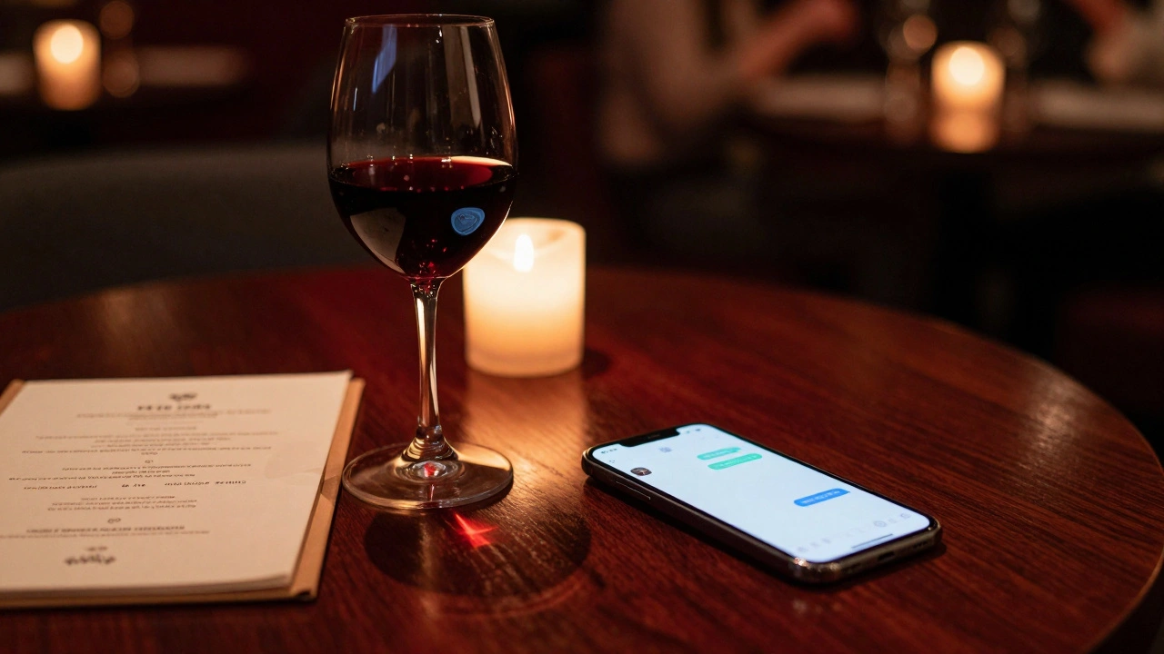 Wine glass and phone on table in dim restaurant suggesting date