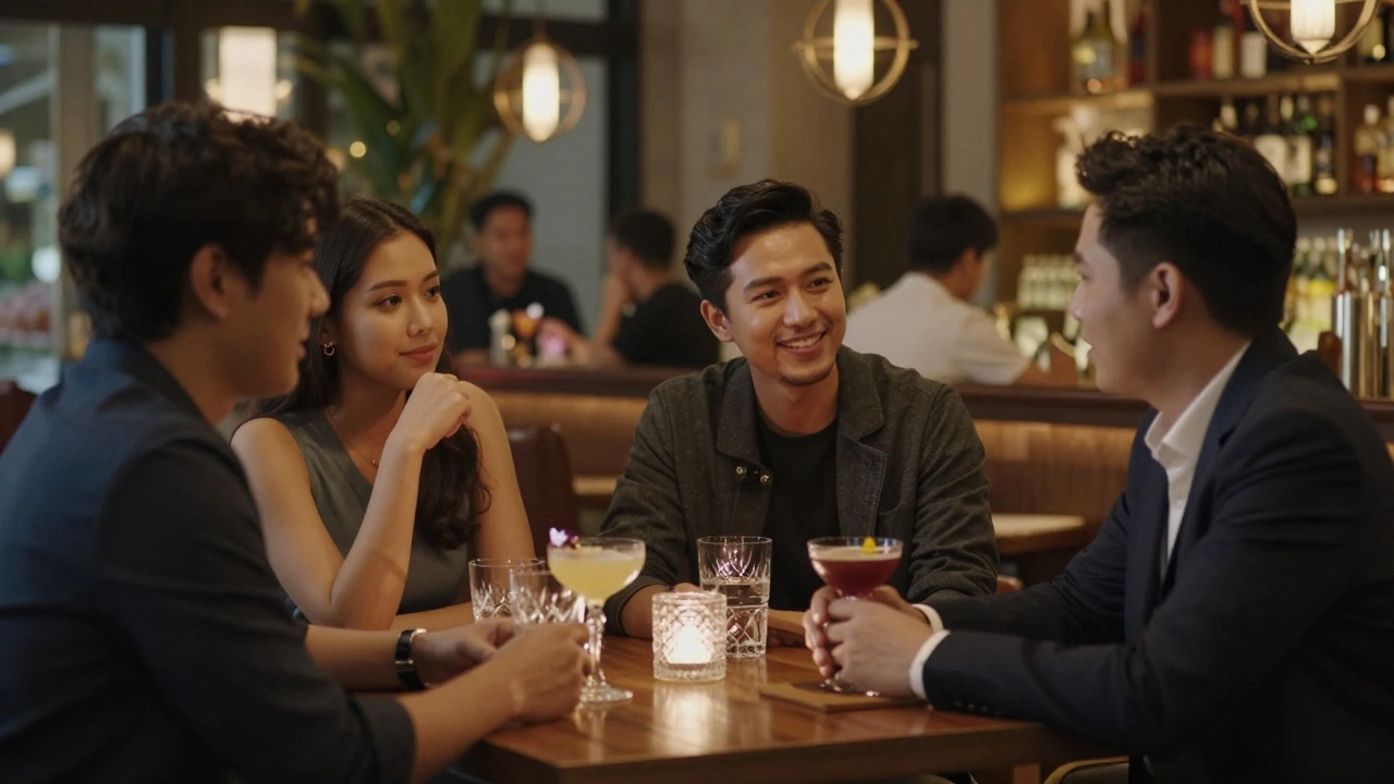 Young professionals chatting in an upscale Bangkok cocktail bar